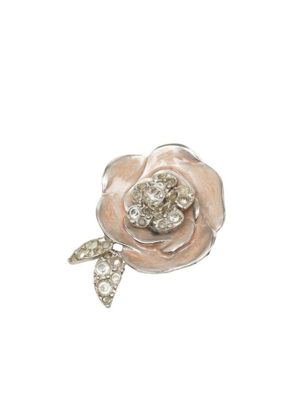 Chanel CC Logo Camellia Brooch 04P Silver Beige Metal Rhinestone